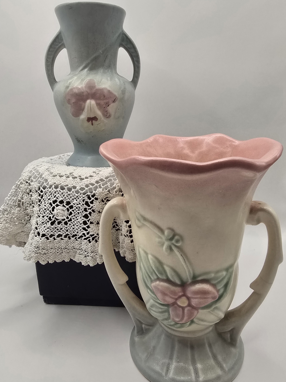 Two-Handled Pink and Cream Floral Ceramic Vase